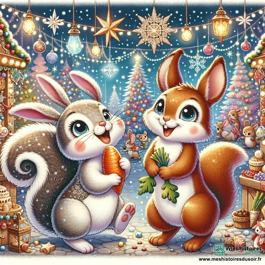 Illustration d'un écureuil aux yeux pétillants et à la queue touffue, sautant de joie dans un marché de Noël enchanté, souriant d'excitation. À ses côtés, un lapin aux grandes oreilles tient des carottes en forme d'étoiles et affiche une expression joyeuse. Le marché est féerique, avec des étals colorés de décorations, de jouets en bois et de friandises, illuminé par des guirlandes lumineuses et des flocons de neige. Les deux amis dansent et chantent, émerveillés par la beauté du marché, entourés d'autres animaux de la forêt, comme des oiseaux et des souris, dans une ambiance festive et chaleureuse.