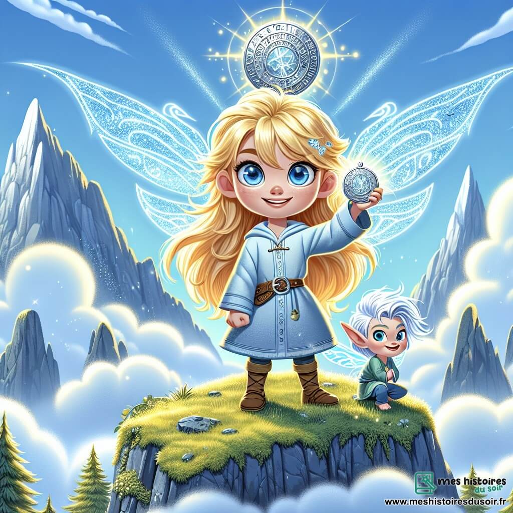 Freya, une jeune fille aux cheveux dorés et aux yeux bleus pétillants, se tient fièrement au sommet de la Montagne des Esprits, levant un médaillon argenté orné de runes mystérieuses qui brille d'une lumière magique. À ses côtés, Liri, un petit elfe aux ailes scintillantes, vole joyeusement autour d'elle. Le décor est majestueux avec des nuages cotonneux, des arbres verdoyants et un ciel bleu éclatant. Freya est prête à défendre le médaillon contre des voleurs menaçants qui s'approchent en bas de la montagne, déterminée à protéger son village.