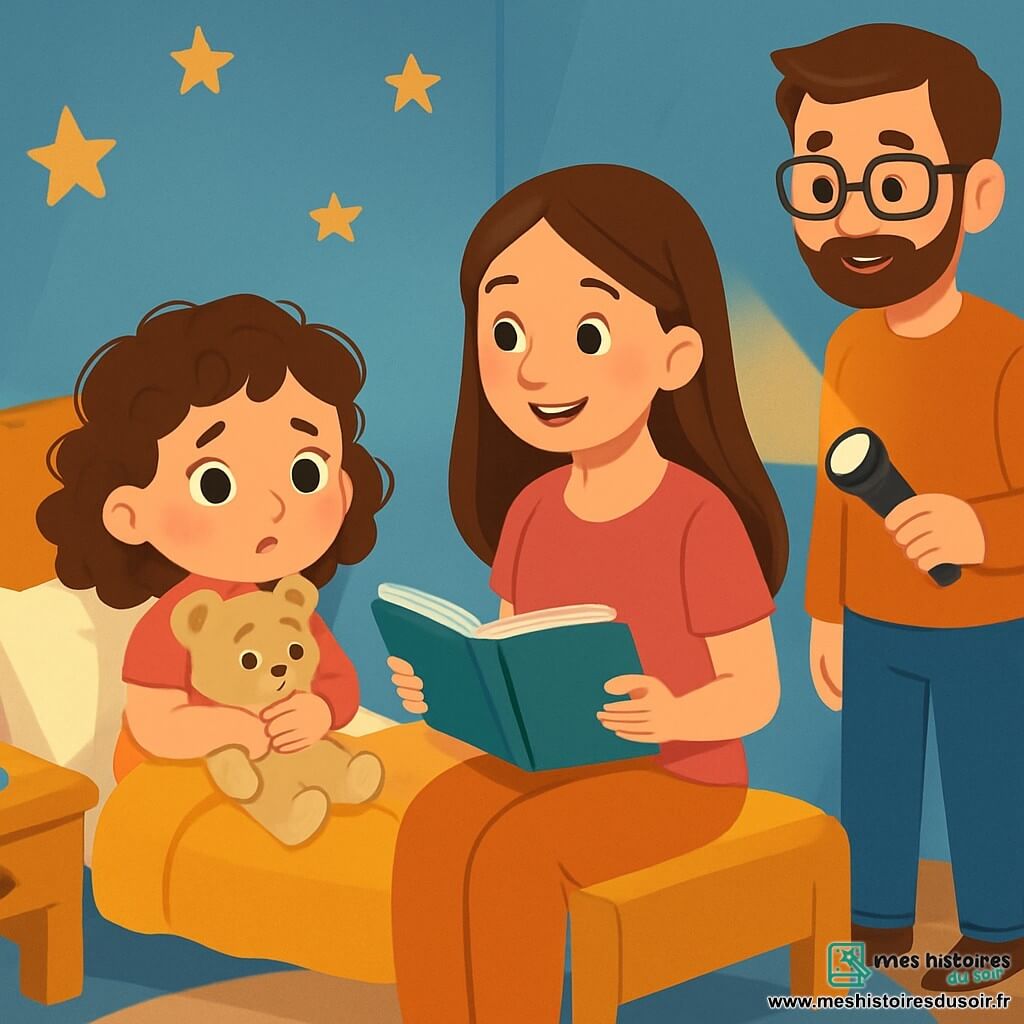 Une petite fille de 4 ans, aux grands yeux brillants et cheveux bouclés, est assise sur son lit, inquiète mais curieuse, serrant son ourson beige. Sa maman, une femme douce d'environ 30 ans avec des cheveux longs, est assise à ses côtés, souriant et tenant un livre ouvert. Son papa, un homme d'environ 35 ans avec une barbe légère et des lunettes, se tient debout dans un coin, souriant et tenant une lampe de poche. La chambre, chaleureuse avec des murs bleu pastel et des étoiles dorées au plafond, crée une ambiance douce et réconfortante alors que la maman commence à raconter une histoire, apaisant les craintes de sa fille.