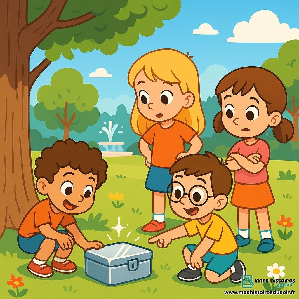 Quatre enfants, deux garçons et deux filles, se tiennent dans un parc ensoleillé. Timothée, 5 ans, est accroupi près d'un chêne, examinant une boîte en métal brillante. Clara, 5 ans, regarde avec curiosité, les mains sur les hanches. Léo, également 5 ans, pointe vers la boîte avec un sourire émerveillé. Zoé, 5 ans, se tient en retrait, impatiente de découvrir ce qu'il y a à l'intérieur. Le parc est verdoyant, avec des arbres, des fleurs et une fontaine au loin, sous un ciel bleu parsemé de nuages. Les enfants viennent de découvrir une boîte mystérieuse sous le chêne et sont en train de l'ouvrir ensemble.