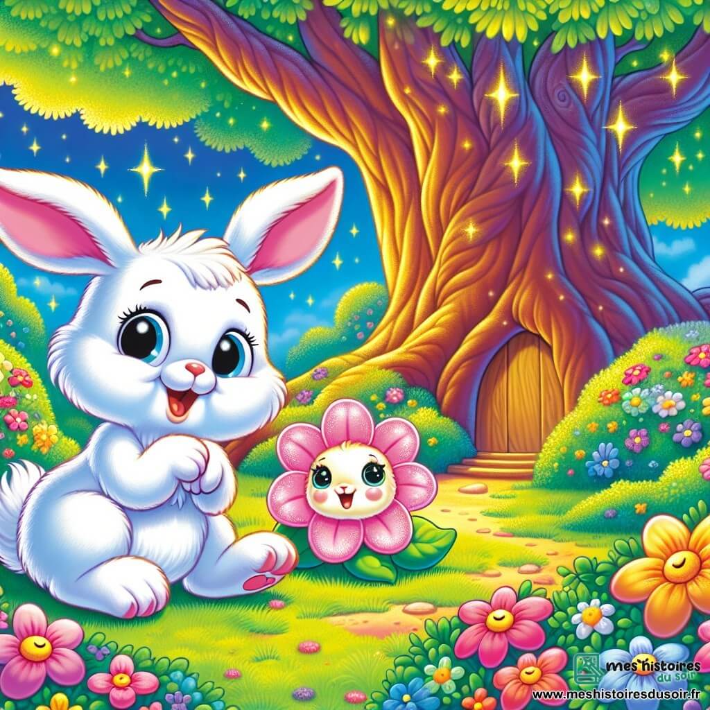 Un petit lapin blanc nommé Léo, avec de grands yeux brillants et des oreilles droites, est assis sous un arbre majestueux. Curieux et joyeux, il est prêt à explorer. À côté de lui, une fleur rose se penche légèrement, comme si elle lui parlait. L'arbre magique, avec son tronc épais et ses feuilles dorées, crée une atmosphère enchantée. Le jardin est rempli de couleurs vives et d'un ciel bleu éclatant. Léo découvre une petite porte en bois sous les racines de l'arbre, prêt à entrer dans un tunnel scintillant menant au monde des rêves.