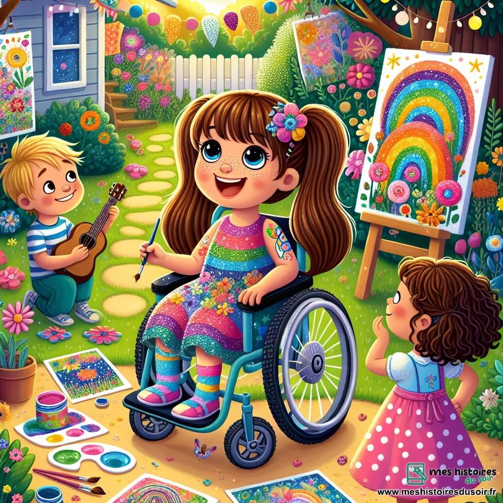 Léa, une petite fille de 8 ans, est assise dans son fauteuil roulant coloré, souriante, avec de longs cheveux bruns en couettes et une robe à pois multicolores. Elle tient un pinceau et est entourée de tableaux peints de fleurs et d'arcs-en-ciel. Son meilleur ami Max, également âgé de 8 ans, est debout à côté d'elle avec une guitare, la regardant avec admiration. Emma, une fillette de 7 ans aux cheveux bouclés et en robe rose, s'approche avec un sourire. La scène se déroule dans le jardin de Léa, rempli de fleurs colorées et de trésors cachés, sous un soleil éclatant. Léa montre ses peintures à ses amis, partageant sa passion pour l'art.