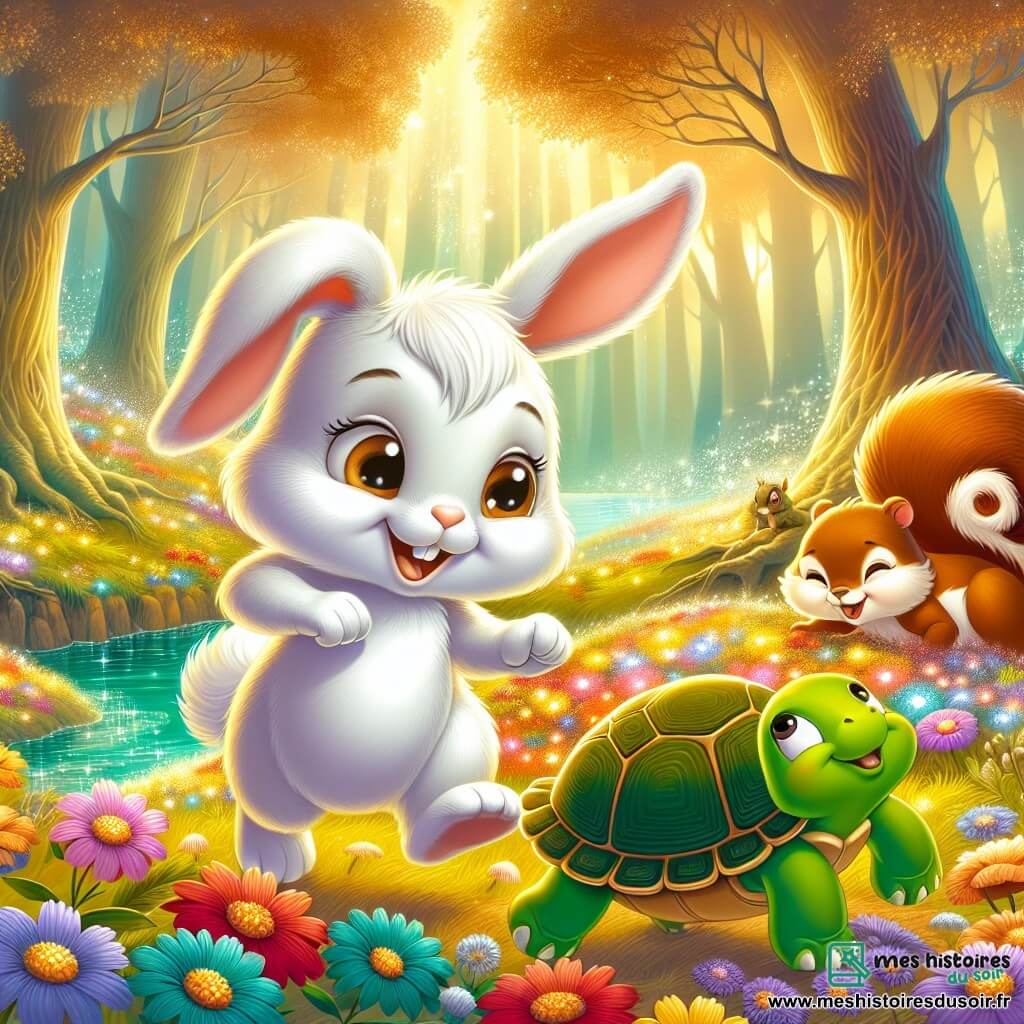 Léo, un petit lapin au pelage blanc éclatant et aux grandes oreilles, saute joyeusement dans un champ de fleurs colorées, ses yeux pétillants et un sourire sur le visage. À ses côtés, Tia, une tortue à la carapace verte, avance lentement en l'admirant. Sacha, un écureuil espiègle aux poils roux, grimpe sur une branche en riant et encourage Léo. La scène se déroule dans une forêt enchantée, sous une lumière dorée, avec des arbres majestueux et des fleurs dansantes. Au loin, un ruisseau murmure des histoires, ajoutant de la magie. Ensemble, Léo, Tia et Sacha découvrent une clé en or dans un buisson, marquant le début de leur aventure magique et l'exploration de leur amitié.