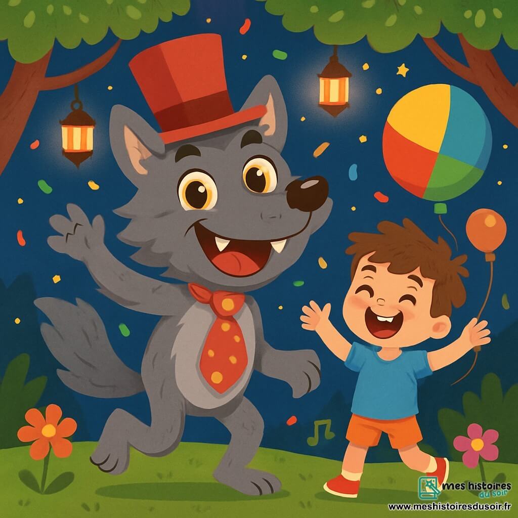 Un loup-garou amusant au pelage gris et aux yeux malicieux se tient au centre de l'image, souriant avec des dents blanches et pointues. Il porte un chapeau haut de forme rouge et une cravate à pois, dansant sur deux pattes. À ses côtés, Tom, un garçon de 8 ans aux cheveux bruns en bataille et en t-shirt bleu, rit tout en tenant un ballon coloré, les bras levés en signe d'encouragement. En arrière-plan, une clairière enchantée est illuminée par des lanternes suspendues, avec des fleurs colorées et des étoiles brillantes dans le ciel nocturne. La scène montre le loup-garou et Tom célébrant une fête joyeuse, entourés de rires et de musique, avec des confettis flottant dans l'air.
