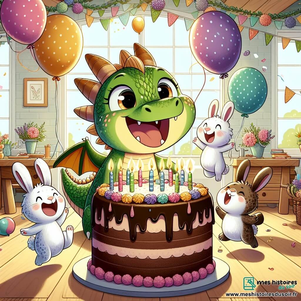 Mimi, le gentil dragon, est un petit dragon vert avec des écailles brillantes et des yeux pétillants de joie. Il sourit en regardant un énorme gâteau au chocolat décoré de bougies colorées. Autour de lui, trois lapins aux grandes oreilles, un blanc, un brun et un tacheté, sautent de joie, tenant des ballons colorés. Le décor est une cuisine charmante avec des guirlandes de fleurs et une grande table en bois où se trouve le gâteau. Des rayons de soleil illuminent la pièce. Mimi célèbre son anniversaire entouré de ses amis, tous chantant « Joyeux anniversaire ! » dans une atmosphère festive et magique.