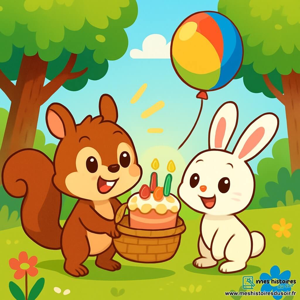 Pistache l'écureuil, un petit rongeur aux poils bruns et doux, avec de grands yeux pétillants, tient un panier en osier rempli de surprises d'anniversaire. Il est debout sur ses pattes arrière, enthousiaste. Lila la lapine, avec sa fourrure blanche et ses grandes oreilles, se tient à côté de lui, curieuse et souriante. La scène se passe dans une clairière ensoleillée, entourée d'arbres verts et de fleurs colorées. Pistache révèle un gâteau d'anniversaire décoré, tandis qu'un ballon coloré flotte au-dessus d'eux. Lila, émerveillée, s'approche du gâteau pour célébrer son anniversaire avec son ami.