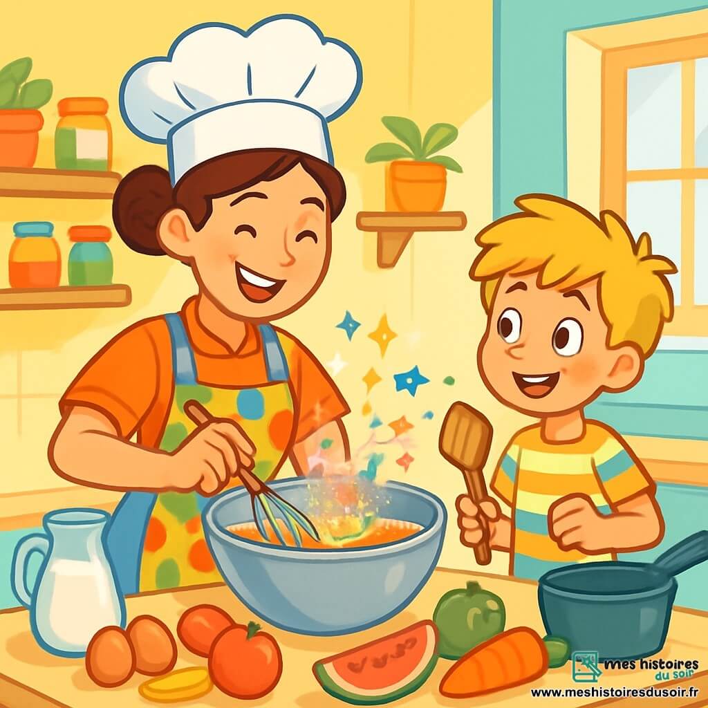 Chef Lucie, une femme joyeuse d'une trentaine d'années avec de longs cheveux bruns en chignon, porte un grand chapeau blanc et un tablier coloré. Elle bat des œufs dans un bol en métal, tandis que Tom, un petit garçon de 8 ans aux cheveux blonds en bataille, l'observe avec émerveillement, tenant une spatule en bois. La scène se déroule dans une cuisine spacieuse aux murs jaunes pastel, avec des étagères remplies de bocaux colorés et un plan de travail couvert de fruits et légumes. Lucie et Tom s'amusent à préparer un gâteau magique, mélangeant des ingrédients colorés dans le bol, accompagnés de rires.