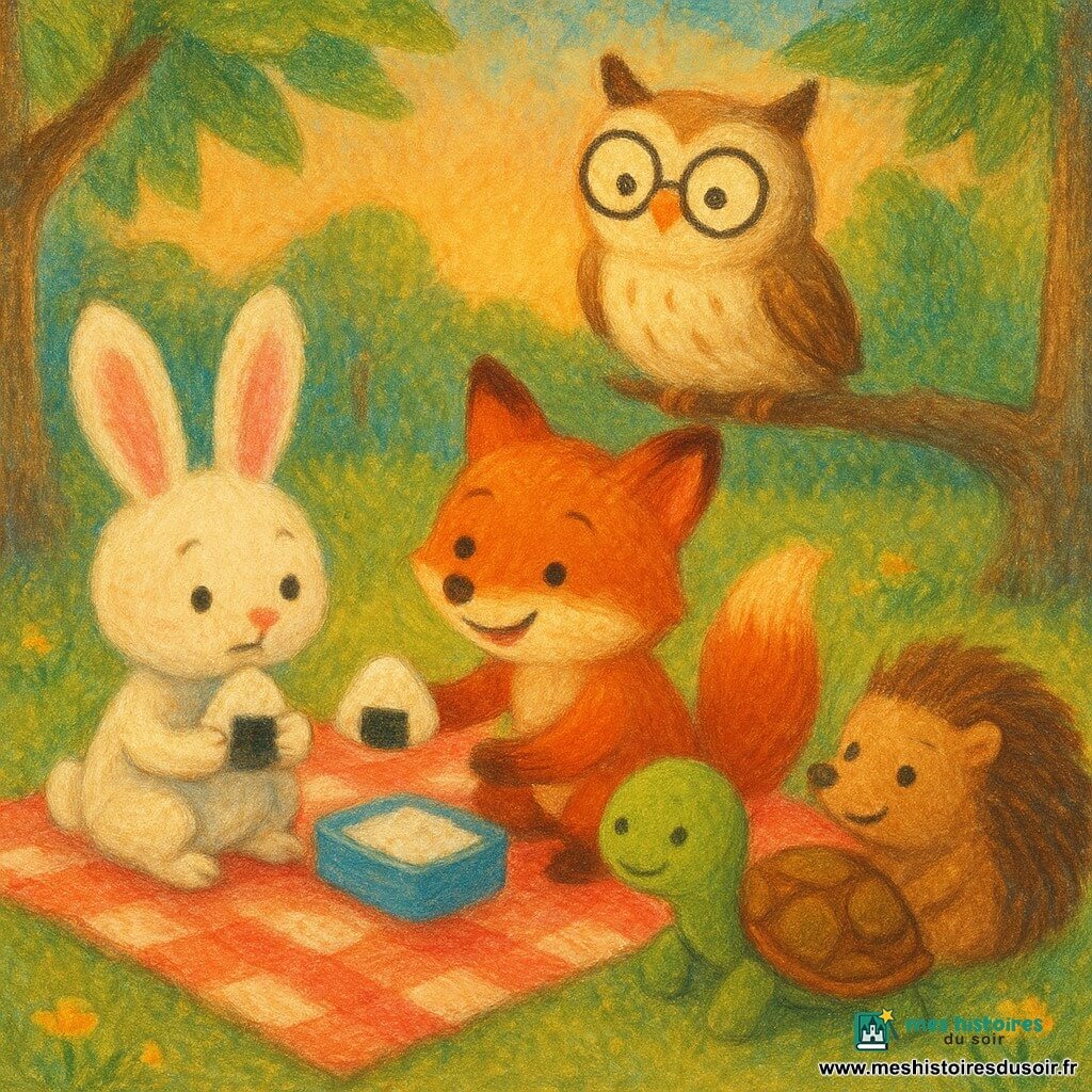 Lila, petite lapine blanche aux grandes oreilles roses, hésite puis goûte un onigiri, Samir, renard roux au pelage lumineux, lui tend sa boîte de riz en souriant, Tara, tortue verte au dos marron, observe calmement assise au bord de la nappe, Mino, hérisson brun aux piquants arrondis, rit doucement, la maîtresse chouette au plumage crème et lunettes veille depuis une branche, le tout lors d’un pique-nique au crépuscule dans une clairière aux arbres texturés, herbe et fleurs jaunes, sur une nappe à carreaux rouge et blanc, ambiance chaleureuse et pastel de partage et de joie.