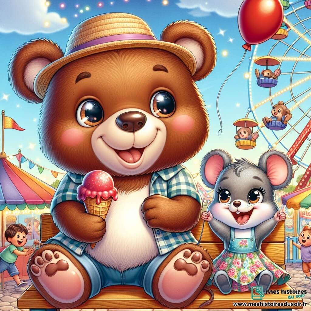Un ours brun nommé Oscar, souriant et pétillant, est assis sur un banc dans un parc d'attractions. Il porte un chapeau de paille et tient une glace à la fraise qui fond au soleil. À côté de lui, une petite souris nommée Lila, avec un pelage gris et des yeux brillants, saute de joie en tenant un ballon rouge. Le parc est coloré avec des manèges, des lumières et des tentes multicolores. Des enfants jouent autour d'eux, tandis qu'une grande roue se dresse en arrière-plan. Oscar et Lila partagent un moment de bonheur, savourant leur glace et admirant les attractions.