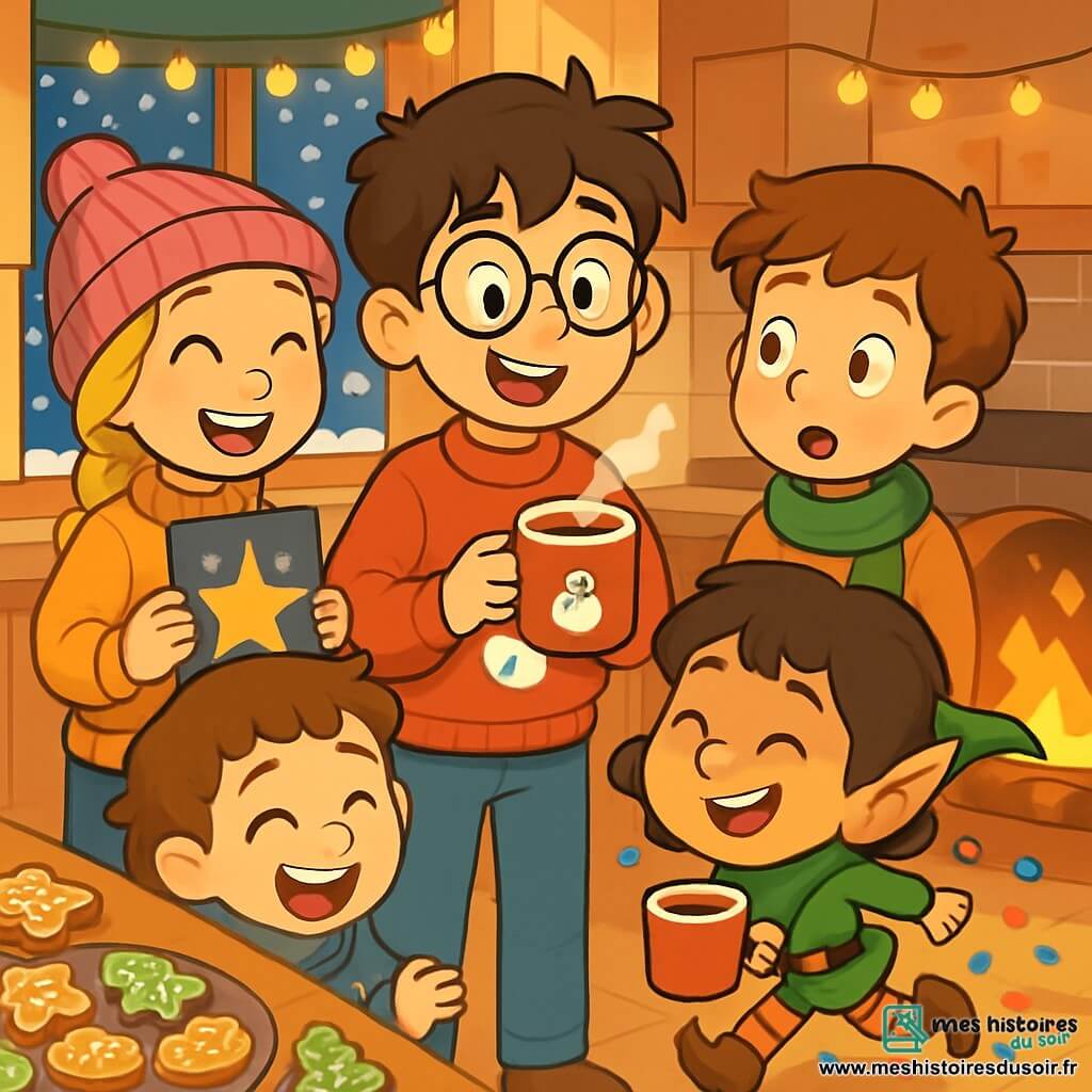 Quatre enfants sont présents : Maxime, 10 ans, avec des cheveux châtains en bataille et des lunettes rondes, porte un pull rouge avec un bonhomme de neige et tient une tasse de chocolat chaud. Élodie, 9 ans, a de longs cheveux blonds tressés et un bonnet rose, souriant avec une carte étoilée à gauche de Maxime. Hugo, 8 ans, avec des cheveux bruns et des taches de rousseur, porte une écharpe verte et observe curieusement à droite de Maxime. Léa, 7 ans, a des cheveux bouclés et un pull bleu avec des flocons de neige, riant devant des confettis à droite d'Hugo. La scène se déroule dans une cuisine chaleureuse, décorée de guirlandes lumineuses et de biscuits de Noël, avec de la neige tombant à l'extérieur. Les enfants découvrent un lutin farceur qui s'est glissé pour boire du chocolat chaud, provoquant surprise et rires, tandis que le lutin s'éclipse en laissant des confettis colorés.