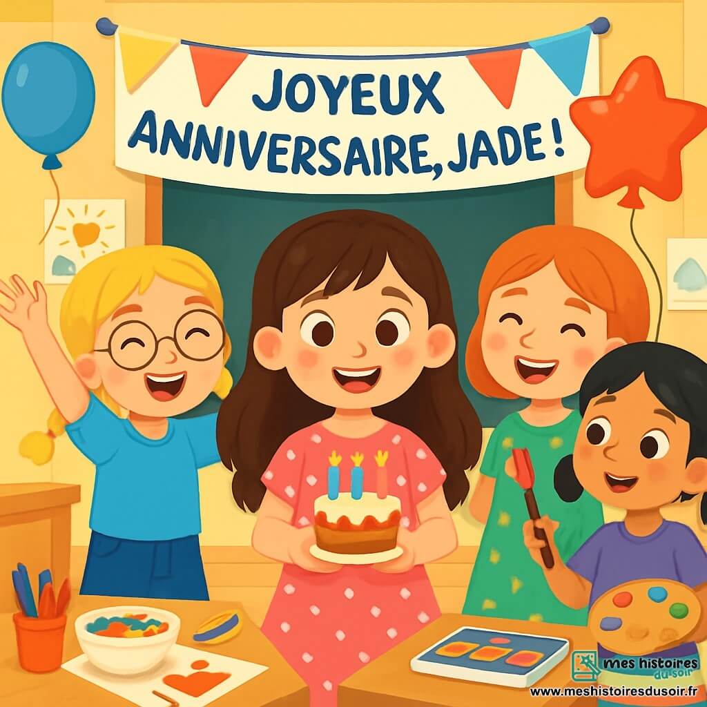 Quatre enfants célèbrent l'anniversaire de Jade, une fille de 8 ans avec de longs cheveux bruns et une robe rose à pois blancs, tenant un gâteau décoré de bougies. À gauche, Léa, également âgée de 8 ans, a des cheveux blonds tressés et porte un t-shirt bleu, elle lève les bras avec enthousiasme. À droite, Emma, avec des cheveux roux et une robe verte à fleurs, tient un ballon rouge en forme d'étoile. Lou, avec des cheveux noirs en couettes, est légèrement en arrière, prête à peindre une carte d'anniversaire. La scène se déroule dans une salle de classe colorée, décorée pour l'occasion, où les enfants rient et s'amusent dans une atmosphère festive.