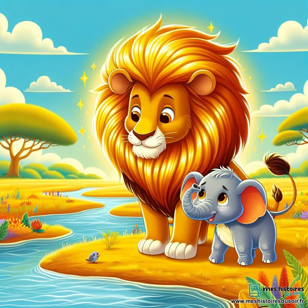 Un lion nommé Léon, avec une crinière dorée, se tient au bord d'un ruisseau, affichant une expression douce. À ses côtés, un petit éléphant nommé Émile, aux grandes oreilles, le regarde avec des yeux pleins d'espoir, essuyant une larme. En arrière-plan, une savane dorée s'étend, parsemée de fleurs colorées et d'arbres, sous un ciel bleu. La scène montre Léon et Émile se réconfortant, Léon posant une patte amicale sur l'épaule d'Émile, cherchant ensemble la maman d'Émile, créant une atmosphère chaleureuse et amicale.