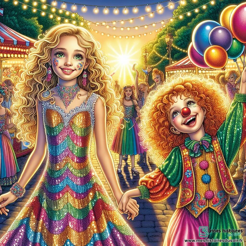 Célia, 12 ans, aux cheveux bouclés et dorés, danse avec un grand sourire dans une robe à paillettes colorées qui scintille au soleil. À ses côtés, Lila, 11 ans, avec des cheveux ébouriffés et un nez rouge de clown, jongle joyeusement avec des ballons colorés, sa tenue multicolore ajoutant à l'ambiance festive. Le décor du carnaval est vibrant, avec des guirlandes lumineuses, des stands de friandises colorées et des musiciens jouant des airs entraînants. Célia et Lila, main dans la main, s'apprêtent à participer à un spectacle de jonglage, entourées de rires et de musique, illustrant l'esprit de l'amitié et la magie du carnaval.