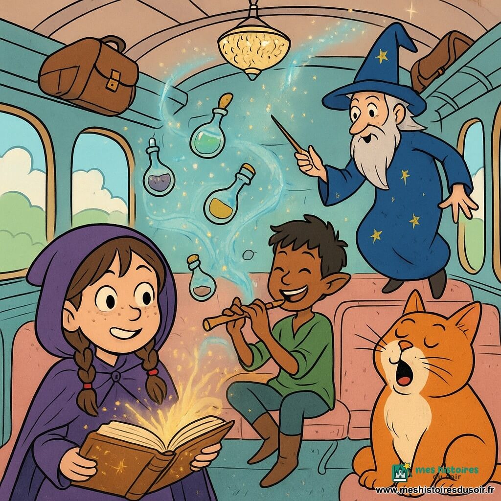 Lila, apprentie sorcière de 7 ans, regarde la fenêtre les yeux écarquillés et un sourire gêné, coiffée de tresses nouées de rubans et d’une petite cape violette à capuche, tenant un grimoire ouvert qui jette des étincelles tandis qu’elle tente maladroitement un sort qui fait léviter son sac en cuir et quelques potions attirés par de petits tourbillons de lumière bleuâtre; Filo, un elfe joueur en tunique verte, est assis à côté d’elle en jouant de la flûte et riant doucement, le chat parlant Moustache, gros roux aux moustaches blanches, bâille et observe narquois sur un siège proche, et un vieux magicien conducteur d’environ 70 ans flotte dans l’allée en brandissant sa baguette, vêtu d’une longue robe étoilée et d’un chapeau pointu pour stabiliser le tramway des nuages — intérieur aux banquettes en velours pastel, fenêtres ovales montrant collines et nuages de coton, plafonnier scintillant et bagages aux crochets — alors que le tram tangue doucement dans un nuage de paillettes, quelques objets lévitent, des lignes de mouvement soulignent l’action et l’atmosphère reste ensorcelante et joyeuse.