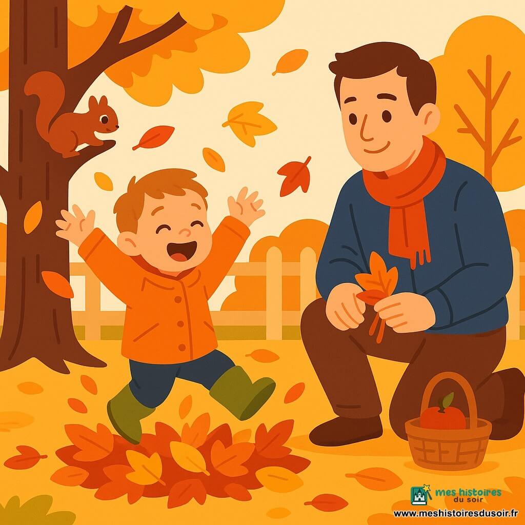 Garçon de 2 ans, joyeux, cheveux châtain clair courts, en manteau orange et bottes vertes saute en riant dans un tas de feuilles qui craquent; le père (~35 ans) à côté, sourire doux, veste bleue et écharpe rouge, ramasse des feuilles et tient un petit panier avec une pomme; un petit écureuil brun grimpe sur le tronc d’un grand arbre à gauche et regarde depuis une branche basse; jardin d’automne aux feuilles jaunes, rouges et orange, clôture en bois clair en arrière-plan; formes simples, silhouettes nettes, couleurs chaudes, contours lisses et peu de détails pour rester lisible par un enfant.