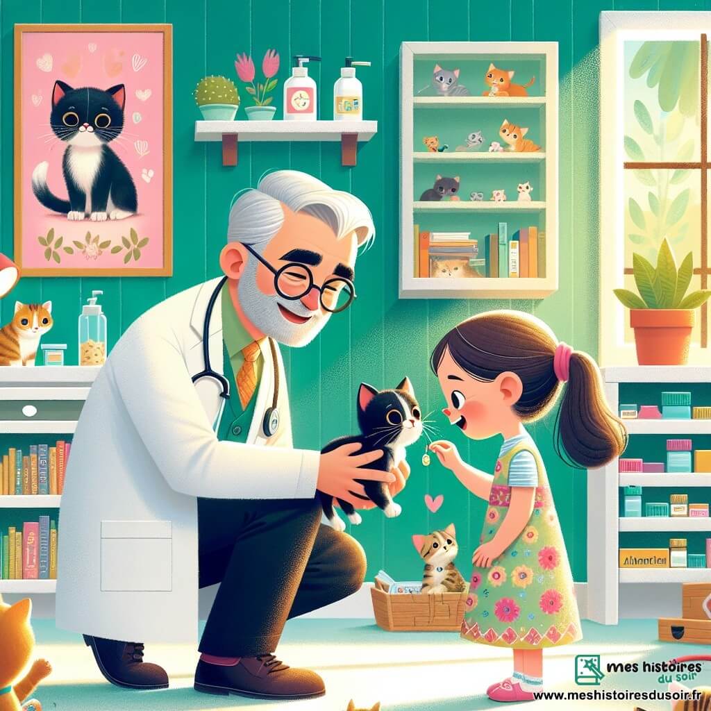 Monsieur Hugo, vétérinaire d'une quarantaine d'années, souriant et portant des lunettes rondes, examine un petit chat noir nommé Minou, accroupi avec une expression douce. Clara, une petite fille de 8 ans aux cheveux bruns en couettes et vêtue d'une robe colorée à fleurs, tient Minou dans ses bras et regarde Monsieur Hugo avec émerveillement. Le cabinet vétérinaire est lumineux et accueillant, avec des murs verts pastel et des jouets éparpillés. La scène principale montre Monsieur Hugo examinant Minou, tandis que Clara lui donne un médicament avec une cuillère, créant une atmosphère joyeuse et aimante.