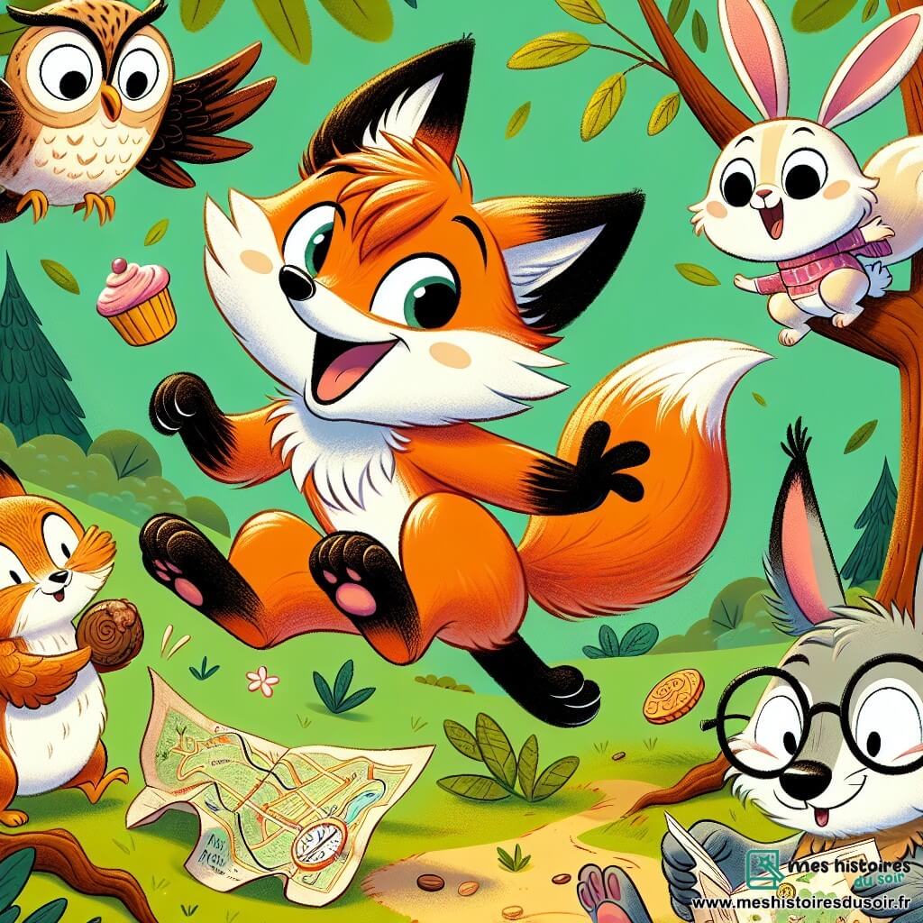 Au centre de l'image, un renard nommé Félix, avec une fourrure orange vif, saute de joie en tenant une carte de chasse au trésor. À sa droite, Lila, une lapine aux grandes oreilles et fourrure blanche, fait des sauts de joie en tenant des gâteaux. À gauche, Oscar, un hibou aux plumes brunes, est perché sur une branche, lisant une carte. Max, un blaireau noir et blanc, est assis par terre, riant après avoir trébuché. La scène se déroule dans une forêt ensoleillée, avec de grands arbres et des rayons de lumière filtrant à travers le feuillage. Les quatre amis sont réunis autour d'un vieux tronc d'arbre, riant et partageant des bonbons, prêts pour leur chasse au trésor.