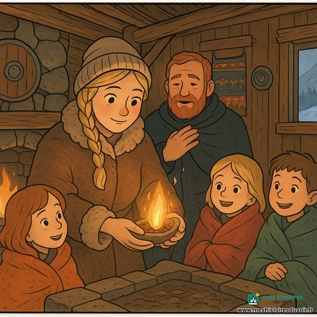 Ingrid, visage bienveillant et déterminé, cheveux blonds tressés sous un bonnet et manteau en peau, tient une petite braise dorée dans un coquillage de bois devant un vieux foyer en pierre; Olaf, homme à la barbe rousse courte et cape sombre, se tient derrière elle, main sur le cœur, soulagé; trois enfants emmitouflés sourient émerveillés autour du foyer; maison viking en bois avec poutres, peaux et tissages, fenêtre sur la neige et montagnes; la braise rallumée éclaire doucement les visages de lueurs dorées, ambiance chaleureuse aux tons chauds et bleus froids, textures de laine et de bois visibles.