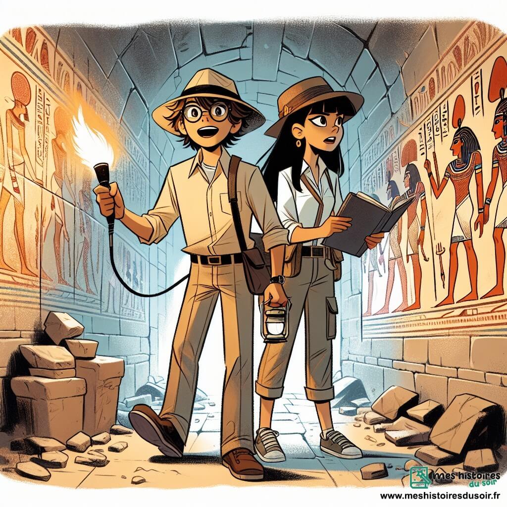 Au premier plan, Lucas, un homme d'une trentaine d'années avec des lunettes rondes et des cheveux en bataille, exprime une excitation palpable. Il porte une chemise beige et un chapeau de paille, tenant une lampe torche et un carnet, prêt à explorer. À ses côtés, Amina, une égyptologue d'environ 25 ans avec des cheveux longs attachés, observe attentivement des fresques anciennes. Elle est vêtue d'un t-shirt léger et d'un pantalon cargo, prenant des notes avec enthousiasme. L'action se déroule dans un passage secret d'un tombeau égyptien, où les murs sont ornés de fresques colorées représentant Nefertiti, éclairées par la lampe de Lucas, tandis que des débris de pierre jonchent le sol, témoignant des fouilles récentes. Lucas et Amina découvrent des fresques magnifiques, réalisant l'importance de leur trouvaille dans une atmosphère de mystère et d'aventure.