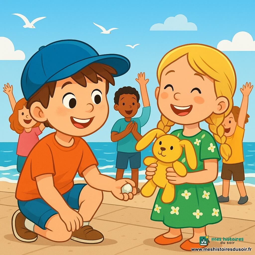 Un garçon de 6 ans, Tom, avec des cheveux bruns en bataille et un grand sourire, porte un chapeau bleu qui cache un peu ses yeux. Il est accroupi sur la digue, tenant un petit caillou blanc, les yeux brillants d'excitation. À côté de lui, une fille de 6 ans, Émilie, avec des cheveux blonds tressés et une robe verte à fleurs, regarde son doudou jaune retrouvé, le visage joyeux. En arrière-plan, la digue est bordée de vagues scintillantes sous un ciel bleu clair avec quelques nuages. Des mouettes volent au-dessus, ajoutant de la vie à la scène. Tom et Émilie, entourés d'enfants du village, célèbrent la découverte du doudou perdu avec rires et applaudissements, créant une atmosphère de joie.