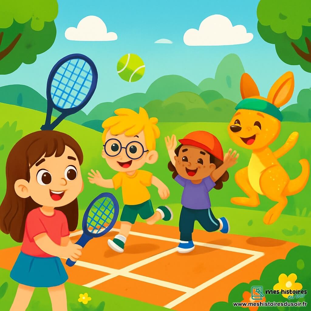 Il y a quatre personnages : Léa, une fille de 6 ans avec de longs cheveux bruns, un t-shirt rose et une jupe bleue, souriante avec une raquette de tennis ; Tom, un garçon de 6 ans aux cheveux blonds en bataille et lunettes, portant un short vert et un t-shirt jaune, courant vers la balle ; Ana, une fille de 6 ans avec des cheveux bouclés et une casquette rouge, vêtue d'un t-shirt violet et d'un pantalon de sport noir, levant les bras pour encourager ; et Jumpie, un petit kangourou magique avec une fourrure scintillante, un bandeau de sport, sautant joyeusement autour d'eux. L'action se déroule dans un parc ensoleillé avec un court de tennis au centre, entouré de collines verdoyantes et d'arbres majestueux. Les enfants jouent au tennis, Léa frappe la balle, Tom court pour la rattraper et Ana les encourage, tandis que Jumpie ajoute une touche magique à leur jeu.