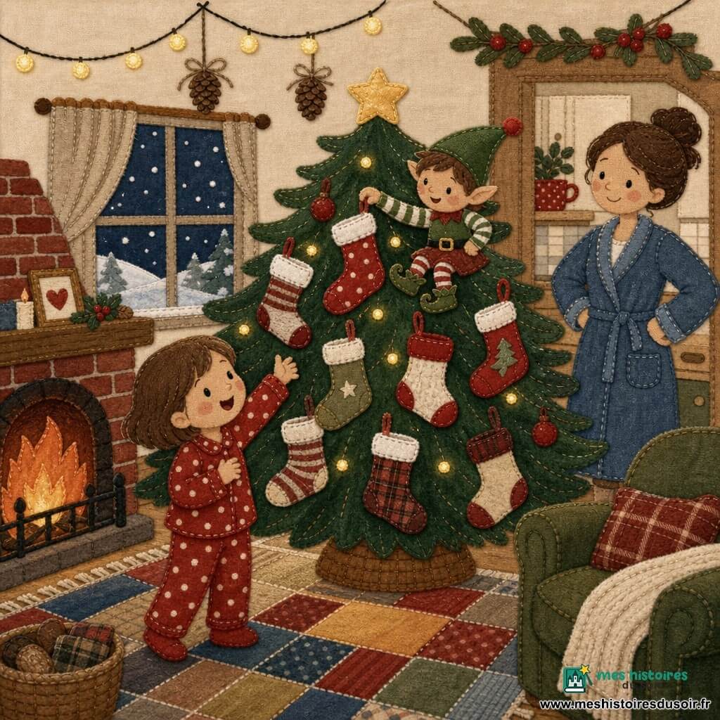 Lou, 4 ans, joyeuse et étonnée, cheveux courts châtains, en pyjama rouge à pois blancs, tend la main vers un sapin couvert de chaussettes tandis qu'un Lutin Farceur à chapeau vert et veste rayée rit sur une branche en tenant une chaussette, la maman d'une trentaine d'années en robe de chambre bleue sourit depuis la porte de la cuisine ; salon chaleureux avec tapis patchwork, cheminée allumée, guirlandes et neige à la fenêtre, ambiance de Noël malicieuse.