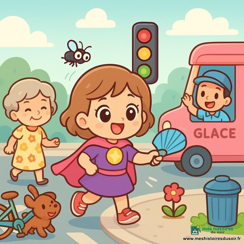 Super Lila, femme joyeuse et malicieuse en cape rose et baskets « pouf pouf », cheveux châtain clair courts, grands yeux brillants et badge lumineux, tient un petit éventail bleu et souffle pour chasser une mouche noire rigolote qui chatouille le bouton du feu au centre d’un carrefour coloré; elle est en mouvement et sourit. À gauche, une mamie d’environ 75 ans en robe à fleurs danse près d’un banc avec un petit chien brun qui remue la queue; au fond à droite, un vendeur de glaces d’environ 40 ans, casquette, lève la main devant un camion rose marqué « glace » en criant « glace ! ». Feux rouges, jaunes et verts ronds, voitures pastel, vélos à sonnette dorée, trottoir avec une fleur rouge et une poubelle bleue. Moment comique : Super Lila éloigne la mouche, les feux reprennent leur ordre et tout le monde rit. Style chibi kawaii, couleurs vives, formes rondes et contours doux, arrière-plan simple et lumineux pour tout-petits.