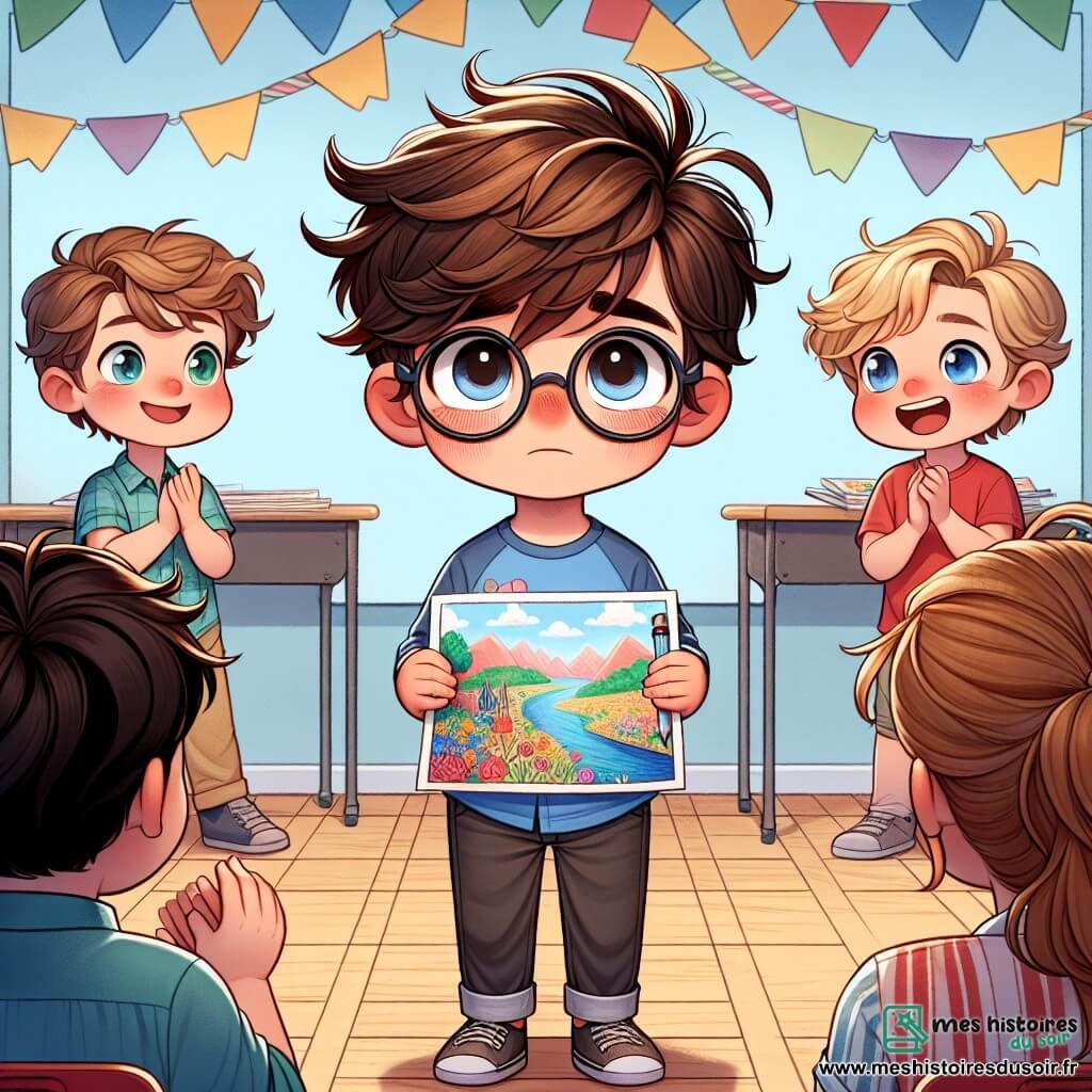 Un garçon de 9 ans, Lucas, se tient sur une scène en bois, souriant mais avec une lueur d'appréhension dans les yeux. Il a des cheveux bruns en bataille, des lunettes rondes et porte un t-shirt bleu avec un dessin de crayon. Il tient un grand dessin coloré représentant un paysage fantastique. À ses côtés, son meilleur ami Max, également âgé de 9 ans, aux cheveux blonds, l'encourage avec un sourire. Max porte un t-shirt rouge et applaudit Lucas. La scène se déroule dans une salle de classe décorée de guirlandes colorées et de dessins d’enfants. Des parents et camarades de classe sont assis, créant une atmosphère chaleureuse. Lucas, nerveux mais déterminé, se prépare à partager son dessin, illustrant sa lutte pour la confiance en soi.