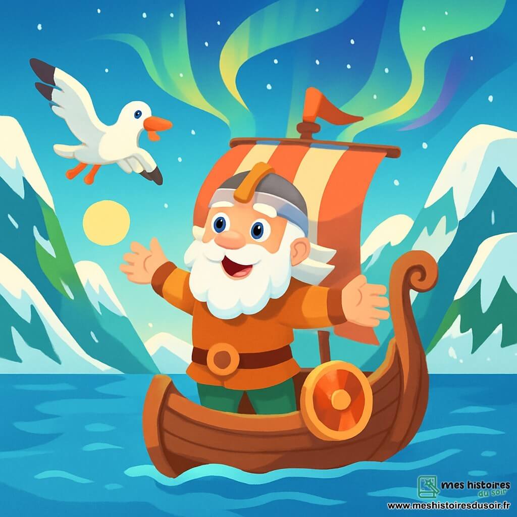 Un homme robuste nommé Bjorn, avec une grande barbe blanche et des yeux pétillants de curiosité, se tient sur un drakkar viking, souriant joyeusement les bras ouverts. À ses côtés, une mouette blanche vole en cercle au-dessus du bateau. Le drakkar glisse sur une mer calme, entourée de fjords majestueux aux falaises abruptes recouvertes de neige scintillante sous le soleil d’hiver. Des aurores boréales illuminent la scène de couleurs vives. Bjorn navigue vers une terre inconnue, émerveillé par la beauté de la nature, prêt à vivre une grande aventure.