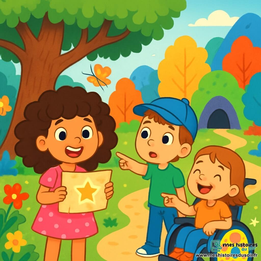 Il y a trois personnages : Zoé, une fille de 8 ans avec de grands cheveux bouclés et une robe rose à pois, tenant une carte brillante et souriant ; Léo, un garçon de 7 ans avec une casquette bleue et un t-shirt vert, pointant le chemin avec curiosité ; et Mila, une fille de 6 ans dans un fauteuil roulant décoré de fleurs, riant joyeusement en regardant ses amis. Ils se tiennent près d'un vieux chêne majestueux, entourés par la Forêt Arc-en-ciel aux couleurs vives, avec un chemin menant à une grotte mystérieuse. Les enfants sont prêts à partir à l'aventure, impatients de découvrir un trésor magique caché dans la forêt.