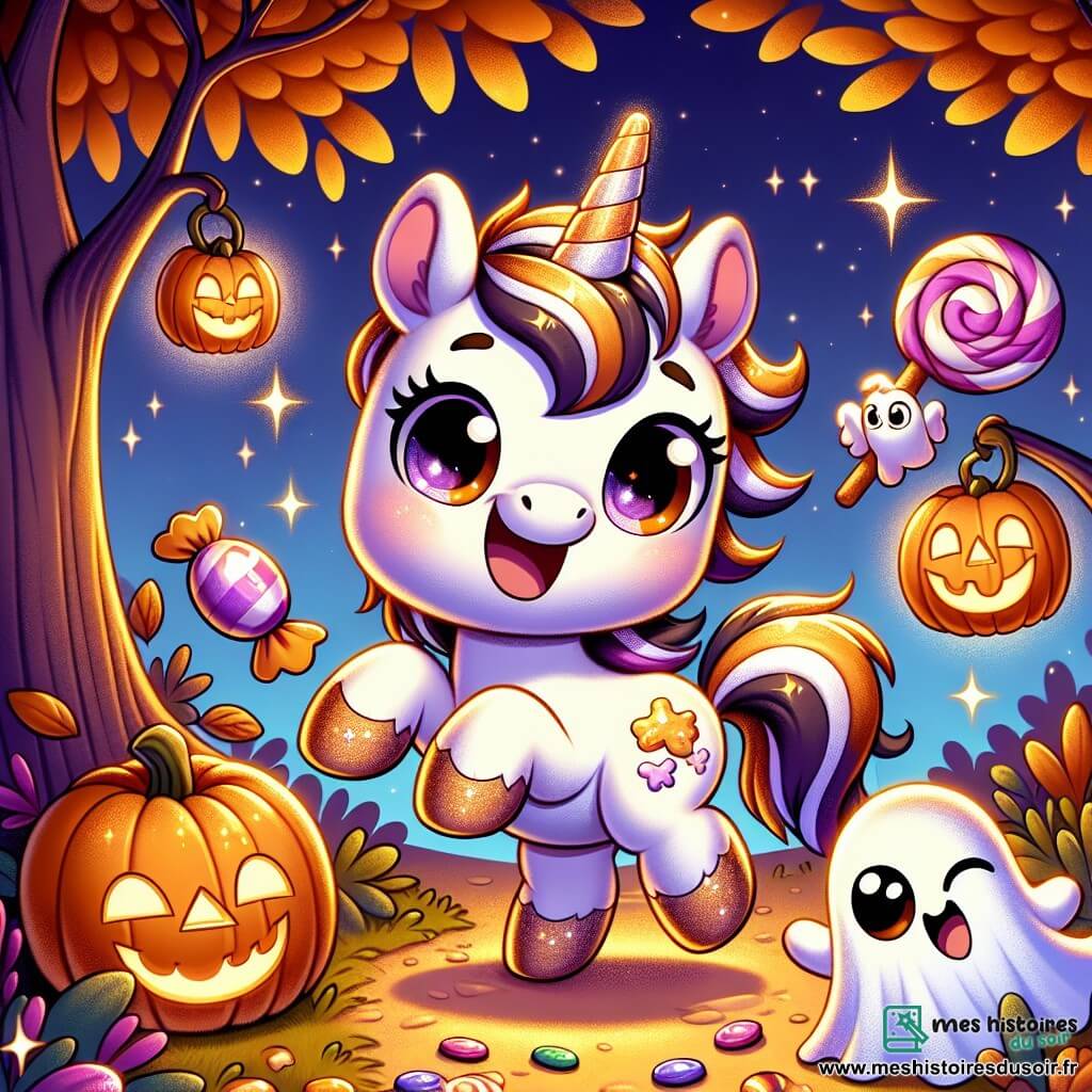 Illustration d'une petite licorne aux crins brillants et aux sabots dorés, sautillant joyeusement dans une clairière illuminée par des lanternes citrouilles. Ses yeux pétillent d'excitation et son sourire radieux montre sa détermination à trouver des bonbons. À côté, un hibou rond aux plumes brunes et grands yeux l'observe avec bienveillance, prêt à l'aider. Un petit fantôme flottant, drapé de blanc et aux yeux malicieux, virevolte autour d'elle, exprimant sa gaieté. La clairière, entourée d'arbres aux feuilles dorées et orangées, crée une ambiance magique avec des bonbons colorés suspendus aux branches. La licorne, enthousiaste, est prête à résoudre une énigme pour obtenir les bonbons, tandis que ses amis l'encouragent, sous un ciel étoilé qui ajoute mystère et magie à cette nuit d'Halloween.