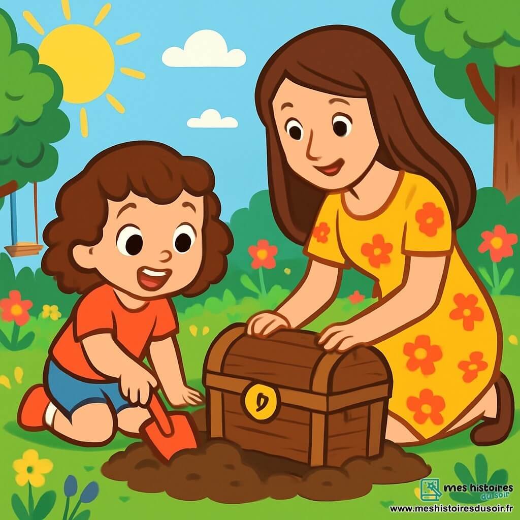 Zoé, une petite fille de 4 ans aux grands yeux brillants et cheveux bouclés châtains, creuse dans un jardin verdoyant avec une petite pelle rouge, affichant un sourire émerveillé. À ses côtés, sa maman, une femme d'une trentaine d'années aux cheveux longs et lisses, vêtue d'une robe fleurie, l'aide à déterrer un coffre ancien, fière et encourageante. Le jardin est coloré avec des fleurs, des arbres aux feuilles vertes et une balançoire en bois, sous un soleil éclatant dans un ciel bleu clair. Zoé est impatiente et heureuse de découvrir le trésor caché dans le vieux coffre en bois avec une serrure dorée.