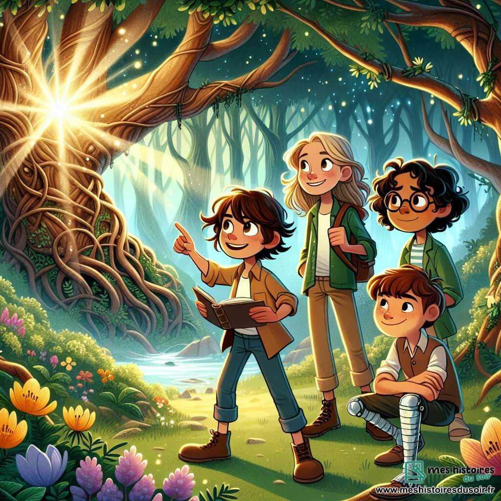 Dans une forêt enchantée, quatre amis aventuriers se tiennent prêts à explorer. Lucas, 12 ans, aux cheveux bruns en bataille et aux yeux curieux, pointe une lumière mystérieuse émanant d'un grand arbre. Emma, avec de longs cheveux blonds tressés et un sourire éclatant, admire la lumière, les bras croisés. Hugo, aux lunettes rondes et cheveux châtains, prend des notes dans son carnet de croquis. Tom, aux cheveux courts et bouclés, avec une prothèse à la jambe, affiche une détermination rayonnante. La forêt est magique, avec des arbres majestueux, des feuilles scintillantes et des fleurs vives. Les amis découvrent un portail lumineux dans le tronc de l'arbre, symbole du début de leur aventure, dans une atmosphère d'excitation et de mystère.