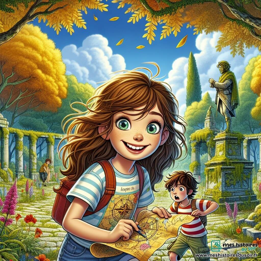 Au centre de l'image, Élise, une fille de 11 ans, sourit espièglement. Elle a de longs cheveux châtain et porte un t-shirt coloré avec un motif de carte au trésor et un short en jean. Elle tient une vieille carte jaunie, prête à explorer. À sa droite, Louis, 12 ans, est penché en avant, concentré, avec des cheveux bruns en bataille, un t-shirt à rayures et un short cargo. Camille, 11 ans, observe la carte, ses cheveux blonds tressés sur l'épaule, vêtue d'une robe à fleurs et de baskets, son regard est excité. Le décor est un parc abandonné avec des arbres aux feuilles dorées, une statue d'explorateur moisie et des fleurs sauvages. Élise, Louis et Camille découvrent une trappe en bois près de la statue, leurs visages illuminés par le soleil, émerveillés et anticipant l'ouverture d'un coffre mystérieux.
