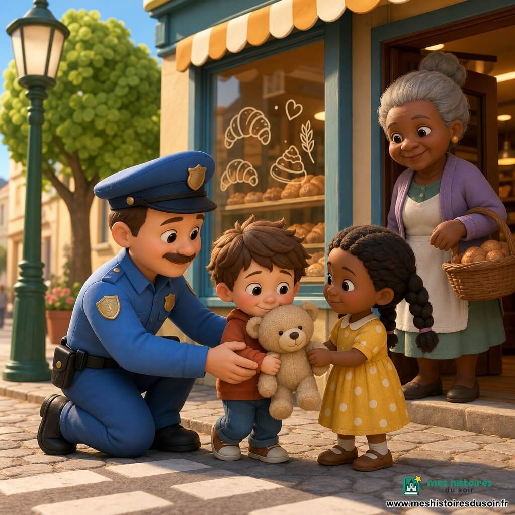 Un policier souriant et bienveillant, visage rond, agenouillé, tend la main pour rendre un doudou à un garçon de 5 ans aux cheveux bruns en bataille qui tient le doudou beige contre sa poitrine et sourit timidement; une fille de 6 ans en robe jaune à pois blancs, tresses, tient une patte du doudou comme si elle venait de le donner et se tient à côté; une dame âgée aux cheveux gris en chignon, panier en osier au bras, sourit depuis la porte de la petite boulangerie derrière eux; la scène se déroule sur un trottoir pavé avec passage piéton blanc, devant une vitrine de boulangerie dessinée, un lampadaire vert et un arbre à feuilles rondes; lumière matinale douce, couleurs pastel, ombres légères, ambiance chaleureuse et rassurante.