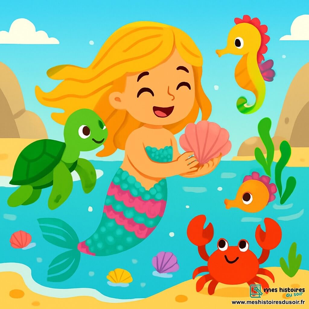 Naya, une petite sirène aux écailles turquoise et rose, nage joyeusement dans une eau claire, souriante. Ses longs cheveux dorés flottent autour d'elle et elle admire une coquille Saint-Jacques. Lulu, une tortue à la carapace verte, flotte paisiblement à ses côtés, curieuse. Pic, un hippocampe coloré, observe la scène, tandis que Pince, un crabe rouge, explore le sable. Ils se trouvent dans une crique ensoleillée, entourée de rochers et de sable doré, avec des vagues douces et un ciel bleu parsemé de nuages. Naya et ses amis découvrent des trésors marins sur la plage, s'émerveillant des coquillages et partageant des rires sous le soleil d'été.
