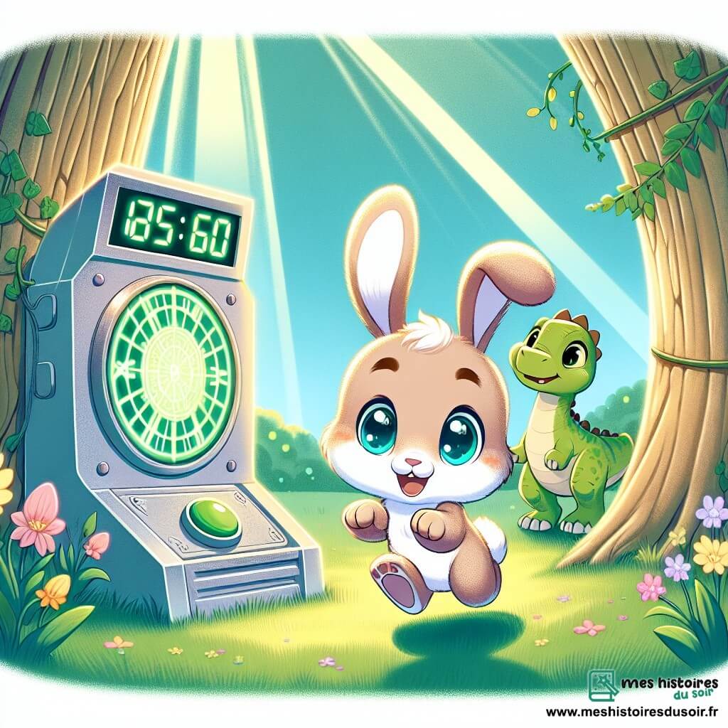Illustration d'un petit lapin curieux au pelage brun clair, aux grandes oreilles et aux yeux pétillants, sautant joyeusement devant une machine à voyager dans le temps avec un sourire émerveillé. À ses côtés, un grand dinosaure herbivore, avec des plaques osseuses et une peau verte, le regarde avec bienveillance, prêt à l'accompagner. La scène se déroule dans une clairière enchantée, entourée de grands arbres et de fleurs lumineuses, où la lumière du soleil crée un jeu d'ombres. Le lapin s'apprête à appuyer sur le bouton vert de la machine, tandis que le dinosaure l'encourage. Des lianes, des fleurs colorées, des nuages doux et des éclats de lumière ajoutent à l'atmosphère magique du voyage dans le temps.