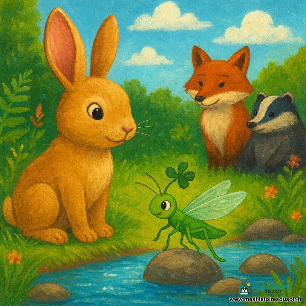 Un lapin au pelage couleur biscuit doré, nommé Biscotte, se tient au bord d'un ruisseau scintillant. Ses grandes oreilles sont dressées, et ses yeux pétillent de curiosité et de détermination. À côté de lui, une sauterelle verte nommée Léonie, avec des ailes fines comme du papier de soie et un chapeau de trèfle, saute joyeusement sur une pierre. En arrière-plan, un vieux renard roux et un blaireau dodu se tiennent côte à côte, observant la scène avec un air de réconciliation. La clairière est baignée de lumière douce, entourée de fougères vertes et de fleurs sauvages colorées. La situation principale montre Biscotte et Léonie organisant un festin de paix au bord du ruisseau, où les animaux de la forêt se rassemblent pour partager et écouter, sous un ciel bleu parsemé de nuages cotonneux.