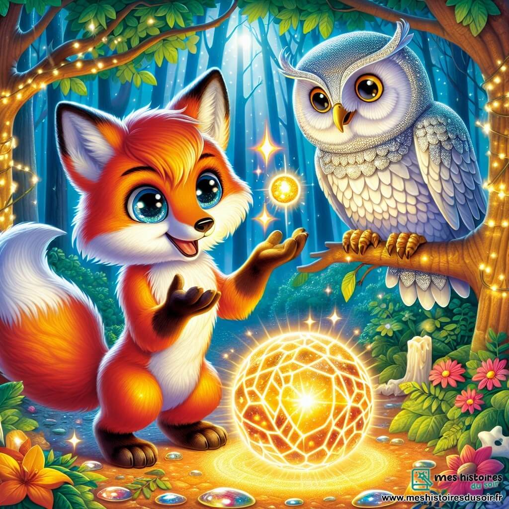 Un renard magique nommé Flamme, au pelage orange vif et aux yeux pétillants, se tient au centre de la scène, émerveillé, tenant une sphère scintillante émettant une douce lumière dorée. À ses côtés, un hibou sage aux plumes argentées et portant des lunettes en cristal, observe Flamme avec fierté, perché sur une branche. Le décor est une forêt luminescente, ornée de feuilles brillantes et de fleurs colorées, créant une atmosphère féerique. La lumière douce du matin filtre à travers les branches, projetant des ombres dansantes. Flamme découvre la sphère magique, prêt pour une aventure extraordinaire, tandis qu'Arko, le hibou, lui offre des conseils sur sa quête.