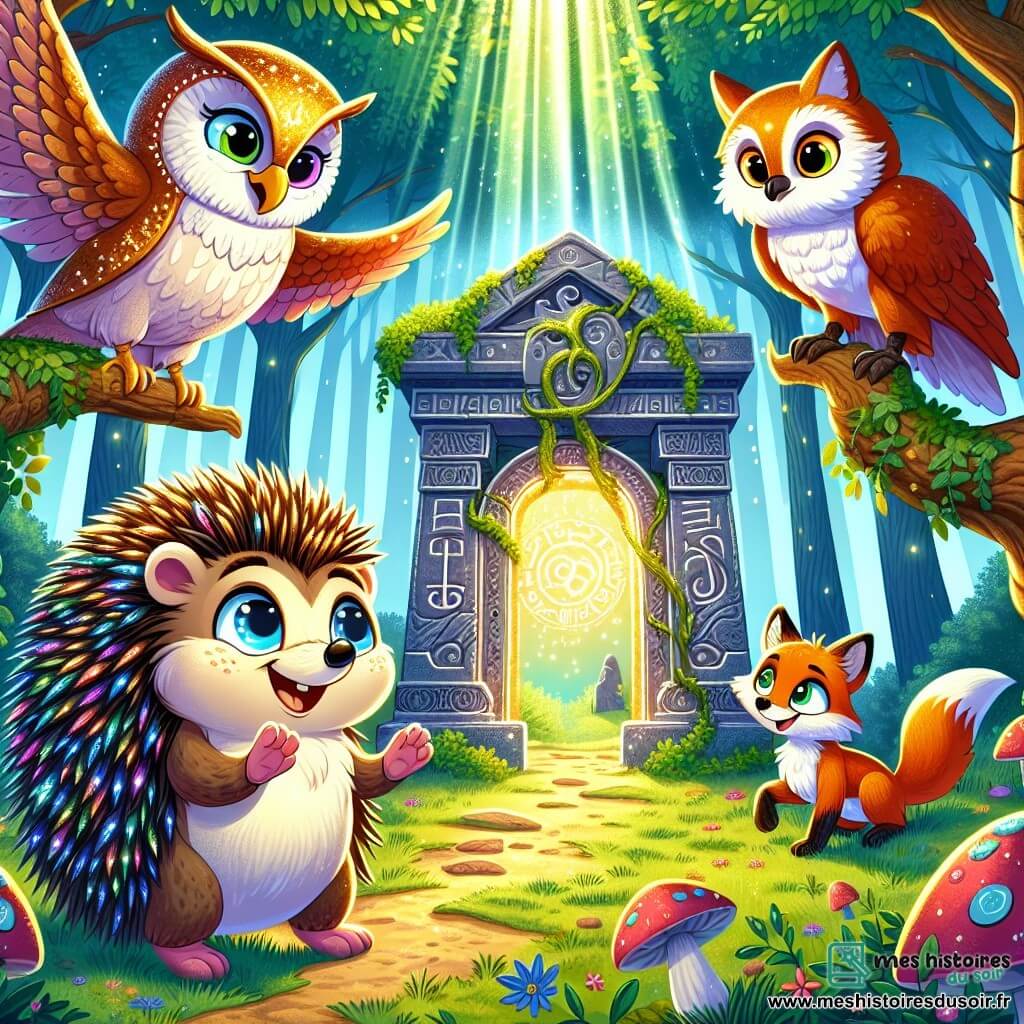 Un hérisson nommé Hector, avec des épines brillantes et un sourire joyeux, se tient au centre d'une clairière enchantée, entouré d'arbres majestueux. À ses côtés, Olivia la chouette, avec son plumage doré, l'observe attentivement, tandis que Raphaël le renard, au pelage roux, affiche un sourire malicieux. Au centre, une grande porte de pierre ornée de runes anciennes et recouverte de lierre ajoute du mystère. Hector se prépare à résoudre l'énigme des Anciens, encouragé par Olivia et Raphaël, créant une atmosphère d'aventure et d'amitié.