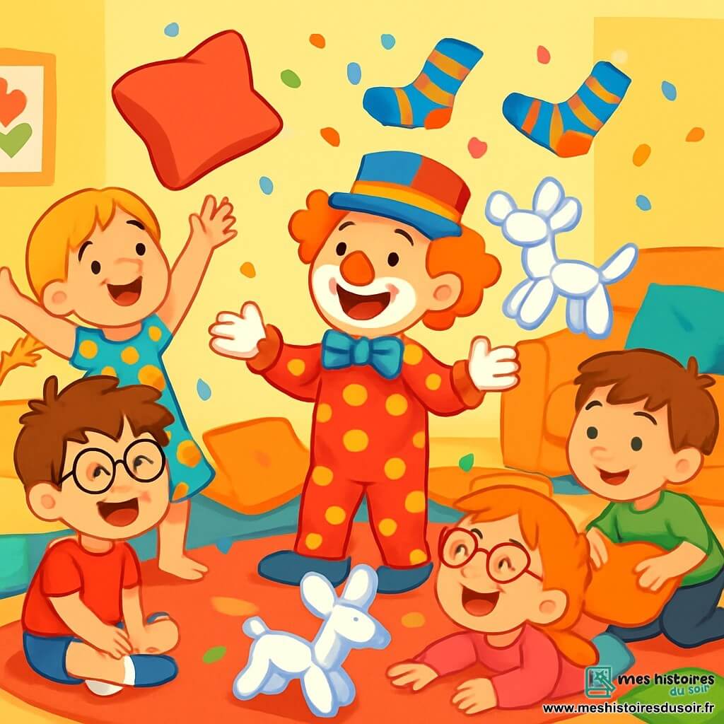 Quatre enfants jouent dans un salon coloré : Léo, 7 ans, avec des cheveux bruns en bataille et des lunettes rondes, est assis sur le tapis en riant ; Mia, 6 ans, avec des cheveux blonds tressés et une robe à fleurs, essaie d'attraper un coussin volant ; Tim, 7 ans, avec des cheveux châtains et un t-shirt vert, est accroupi prêt à lancer un coussin ; Zoé, 6 ans, avec des cheveux roux et des lunettes en cœur, est allongée sur le tapis en riant en regardant un chien en ballon. Le salon est chaleureux, avec des murs jaunes pastel, des coussins multicolores et une lumière douce. Les enfants s'amusent avec Bibi le clown, qui jongle et fait apparaître un petit chien en ballon, créant une scène joyeuse et magique.