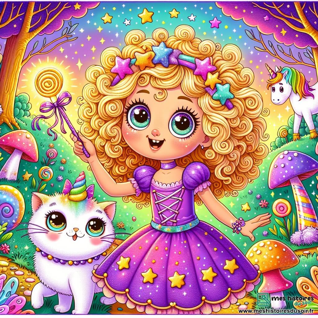 Mireille, une fille de 10 ans aux cheveux bouclés et dorés, porte une robe violette ornée d'étoiles. Elle a des yeux curieux et un sourire espiègle, tenant une baguette tordue, prête à lancer un sort. À ses côtés, Chiffon, un chat avec une queue de poisson scintillante, se tient sur ses pattes arrière. En arrière-plan, une forêt enchantée avec des arbres aux feuilles en bonbons et des champignons souriants crée une ambiance magique. Mireille essaie de faire rire une licorne à crinière arc-en-ciel, qui les observe avec amusement. La scène est colorée et ludique, reflétant une aventure magique et humoristique.