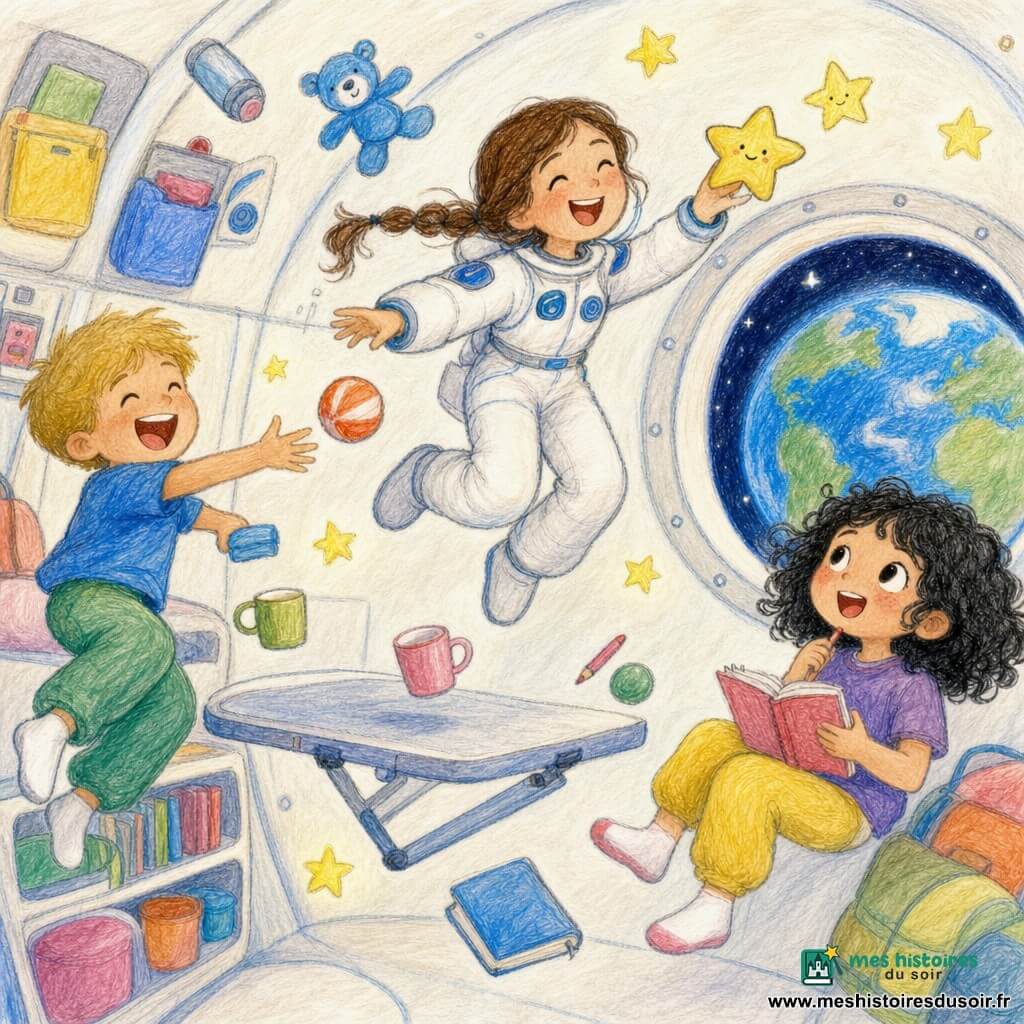 Lila, une astronaute souriante aux cheveux bruns en tresse et vêtue d'une combinaison blanche, attrape un petit jouet étoile; Tom, garçon d'environ 8 ans aux cheveux blonds, rit en lançant une balle flottante; Mia, fille d'environ 7 ans aux cheveux bouclés noirs, tient un carnet et contemple les étoiles près d'un hublot; l'intérieur de la fusée est cosy et lumineux avec parois blanches, rangements colorés, une table pliante et un grand hublot montrant la Terre et les étoiles; la scène montre les trois amis jouant avec des objets en apesanteur, dans une ambiance chaleureuse aux couleurs pastel et aux traits de crayon visibles.