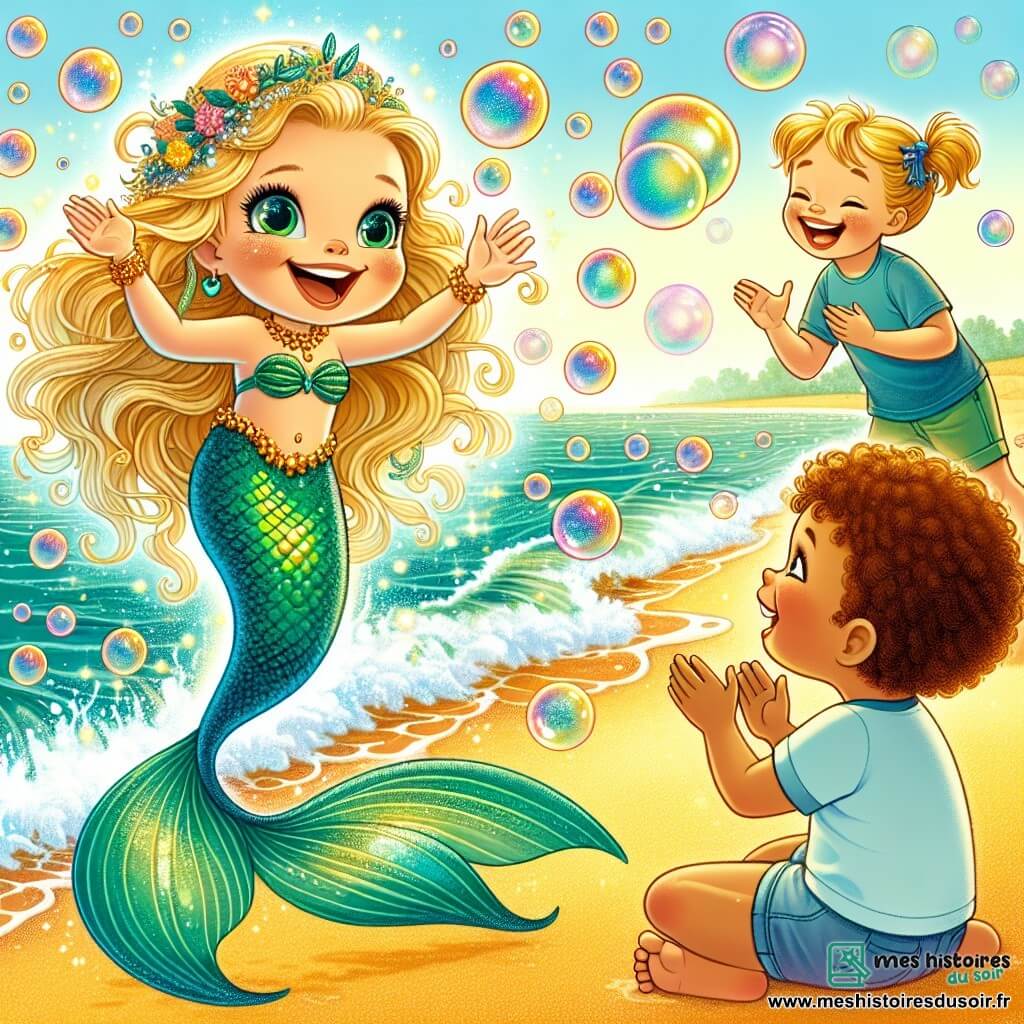 Une petite sirène nommée Lila, avec de longs cheveux dorés et une queue verte scintillante, danse joyeusement dans l'eau, entourée de bulles colorées. Un garçon de 7 ans, assis sur le sable doré, rit en la regardant, tandis qu'une fille de 6 ans applaudit avec émerveillement. La scène se déroule sur une plage ensoleillée avec un sable doux et des vagues scintillantes. Lila montre aux enfants comment faire des bulles géantes, créant une atmosphère de bonheur et d'amitié.