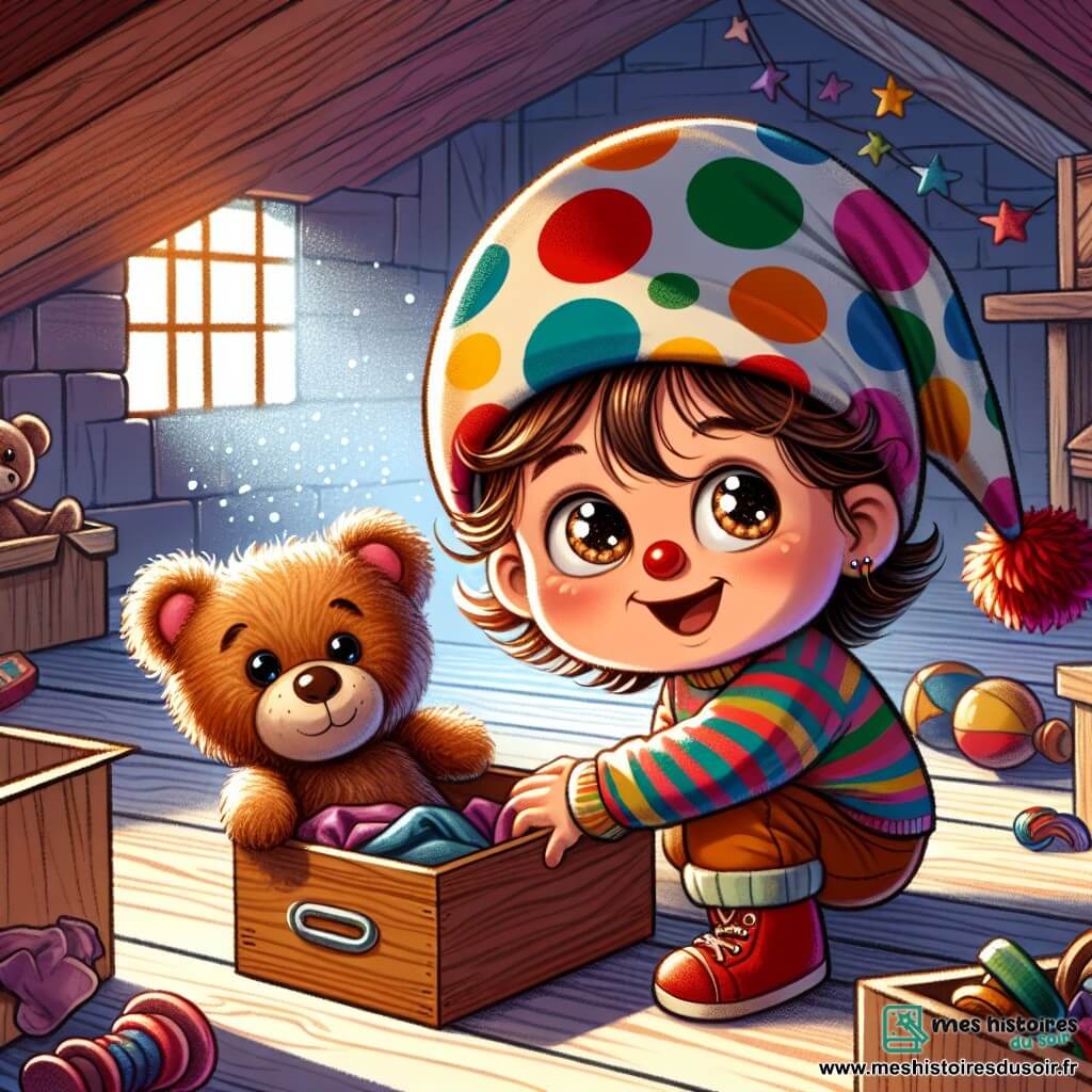 Une petite fille de 2 ans, Lily, avec de grands yeux brillants et un sourire curieux, porte un chapeau à pois multicolores. Agenouillée, elle fouille dans une boîte en bois avec détermination. À ses côtés, son doudou Nino, un ours en peluche usé, la regarde avec tendresse. Le grenier est rempli de vieilles boîtes, de jouets colorés et de rayons de lumière filtrant à travers une fenêtre poussiéreuse. Lily cherche avec enthousiasme la couverture douce de Nino, prête à explorer chaque recoin pour retrouver son précieux objet.