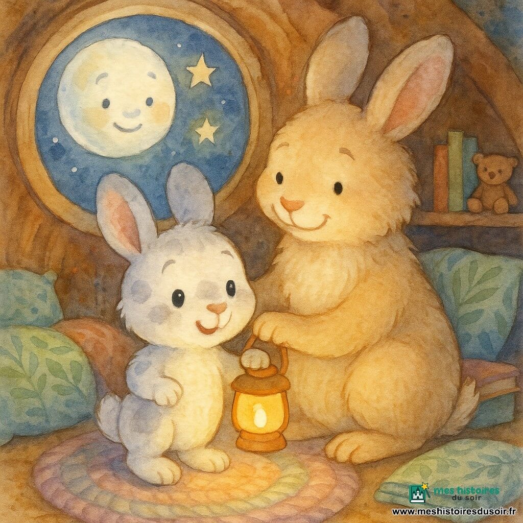 Un petit lapin blanc tacheté de gris, aux oreilles rondes et grosses pattes, tient une lanterne jaune diffusant une lumière chaude et douce ; derrière lui, sa maman lapin beige au pelage duveteux, posant une patte sur son épaule, le rassure en souriant. La lune souriante argentée apparaît dans une fenêtre ronde avec deux étoiles scintillantes à proximité. L'intérieur du terrier cosy présente des murs en bois courbé, un tapis en laine pastel, couvertures à motifs de feuilles et petites étagères avec livres et peluches ; la lanterne crée des ombres rondes et chaleureuses qui contrastent avec la lueur froide de la lune, rendant la nuit douce pendant que le petit explore la pièce en confiance.