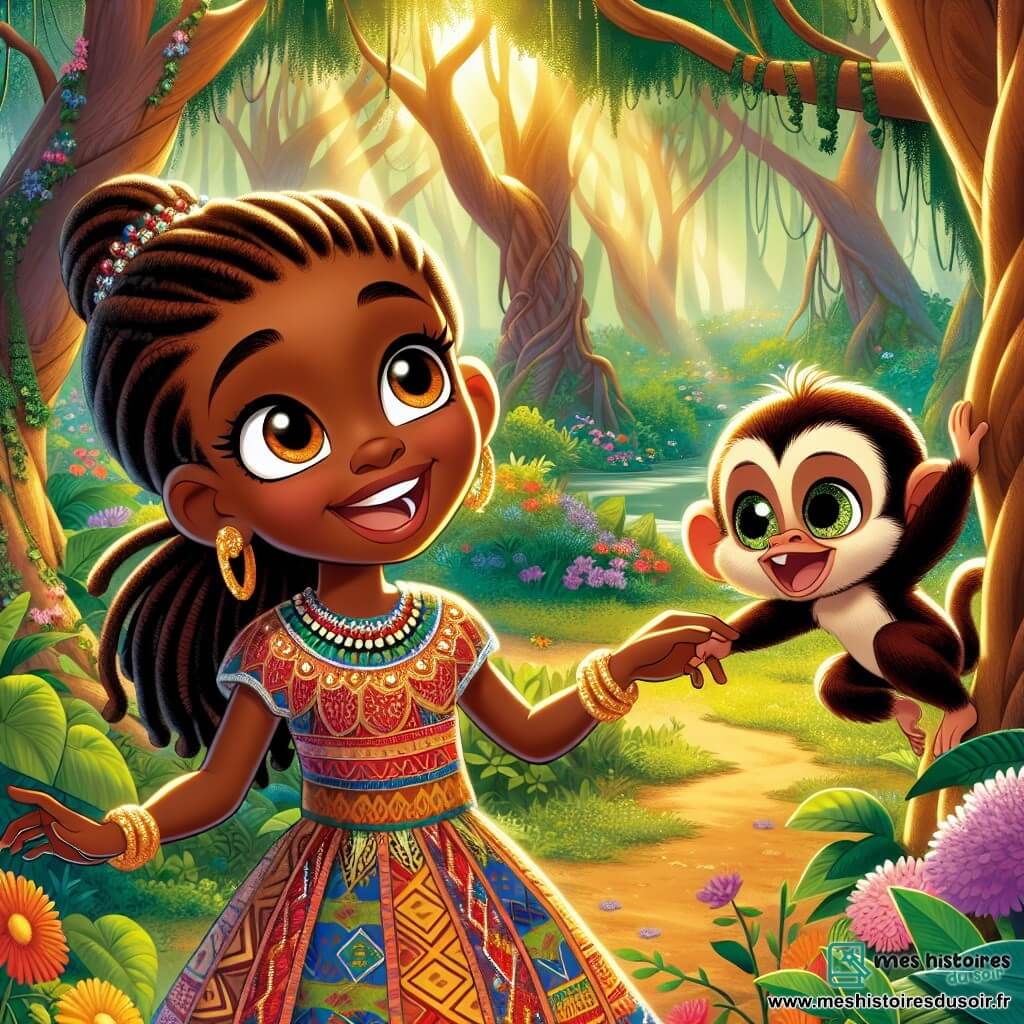Miri, une jeune femme africaine aux yeux brillants et au sourire éclatant, se tient au centre de la scène, les bras ouverts, émerveillée par la beauté de la forêt enchantée. Elle porte une robe colorée ornée de motifs traditionnels, et ses cheveux sont tressés avec des perles scintillantes. À ses côtés, Kiki, un petit singe malicieux avec un pelage brun, est suspendu à une branche, souriant et gesticulant avec enthousiasme. En arrière-plan, la forêt est dense et vibrante, avec des arbres majestueux et des feuilles d'un vert éclatant. Miri et Kiki explorent la forêt, découvrant ensemble les secrets de cet endroit enchanteur, symbolisant l'harmonie entre l'homme et la nature.