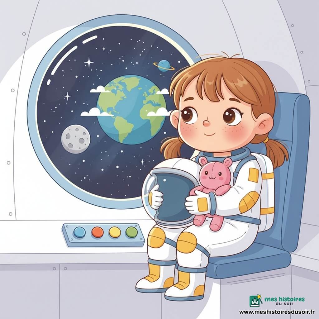 Fille au visage rond, cheveux châtain clair en deux petites nattes, sourire serein, yeux brillants et joues rosées; combinaison spatiale blanche à détails jaunes, casque translucide sur les genoux; assise près d’une grande fenêtre ronde de fusée, regardant la Terre bleue, les étoiles et la Lune grise; serre un doudou peluche rose au petit sourire brodé; cabine blanche épurée avec boutons bleus, jaunes et verts qui brillent doucement; lumière chaude, moment calme après le voyage; style : illustrations vectorielles nettes, couleurs vives et contrastées, formes simples et contours arrondis, adapté à un livre jeunesse pour tout-petits.