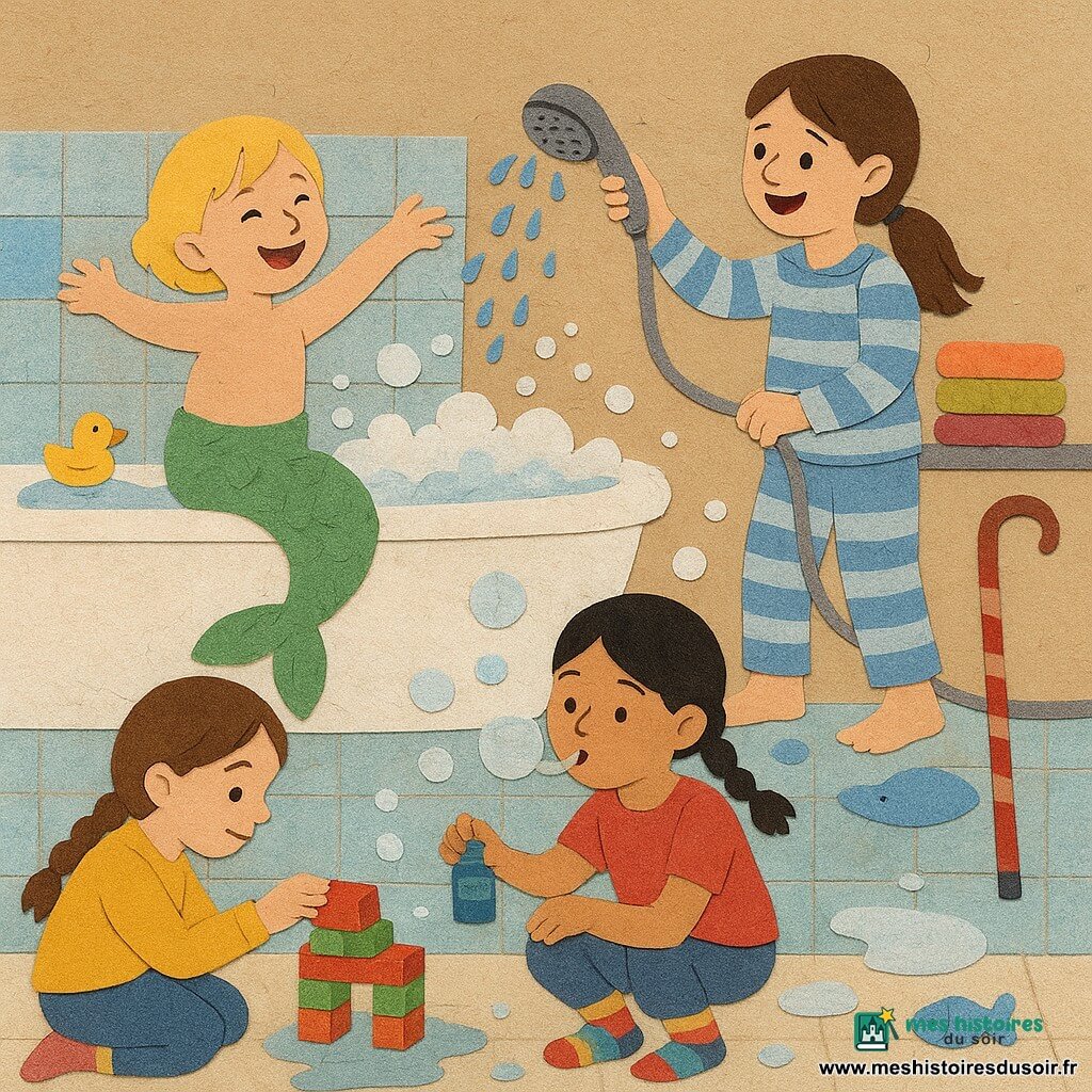 Quatre filles dans une petite salle de bain carrelée blanche et bleue : Lola (10 ans, queue de cheval châtain, pyjama rayé bleu et blanc) debout au bord de la baignoire à droite tenant un pommeau qui envoie des gouttes, Lucie (7 ans, cheveux blonds courts) perchée à gauche sur le rebord avec une serviette verte en queue de sirène, bras levés et air rêveur, Anaëlle (9 ans, tresse brune, sweat jaune) accroupie devant la baignoire en train de construire une petite île en LEGO rouges et verts, concentrée mais souriante, et Chloé (8 ans, couettes noires, chaussettes multicolores) assise au centre sur le carrelage soufflant des bulles avec un flacon de shampoing; grande baignoire blanche remplie d'eau tiède et de mousse, tapis mouillé, serviettes colorées, canards en plastique, dauphin bleu et savon poisson rose, éclaboussures et flaques d'eau, jouets flottants et briques qui s'effondrent, ambiance joyeuse et chaleureuse aux couleurs vives avec effet découpage papier artisanal.