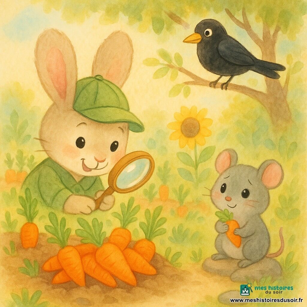 Un petit lapin détective beige nommé Léo, grandes oreilles roses et casquette verte, tient une loupe en souriant au-dessus d'un tas de carottes orange vif; à sa droite, une petite souris grise timide serre une carotte près d'une pierre basse; au-dessus, un merle noir, Titi, perché sur une branche observe malicieusement; jardin coloré avec rangées de carottes, tournesols, petit tas de cailloux, terre brune et sentiers clairs; découverte douce et amicale au matin doré, expressions complices; style aquarelle tendre, couleurs pastel vives, contours doux, composition centrée, ambiance joyeuse et calme.